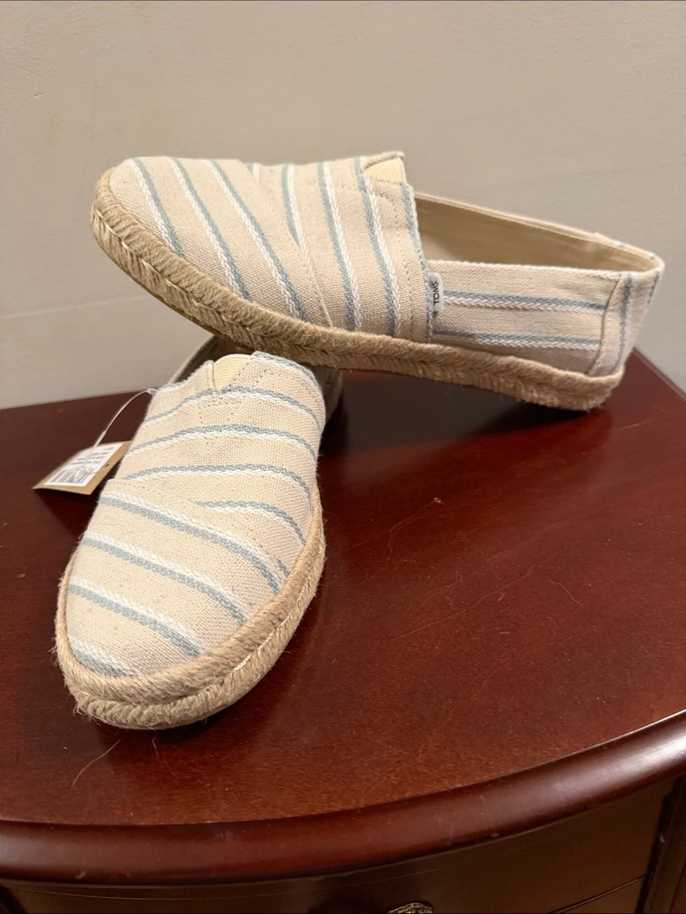 Toms Natural Canvas Espadrilles with Light Blue Stripes